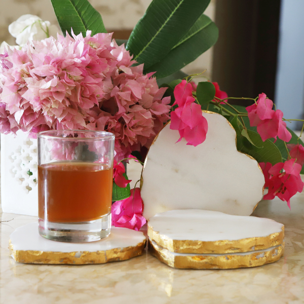 Handmade marble white gold foil tea cookie coasters set of 2